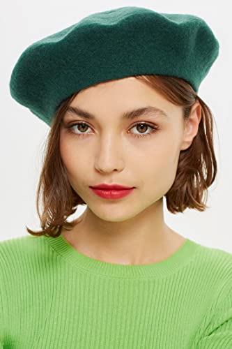 Women French Wool Beret Hats - Solid Color Classic Beanie Winter Cap - color: Dark Green