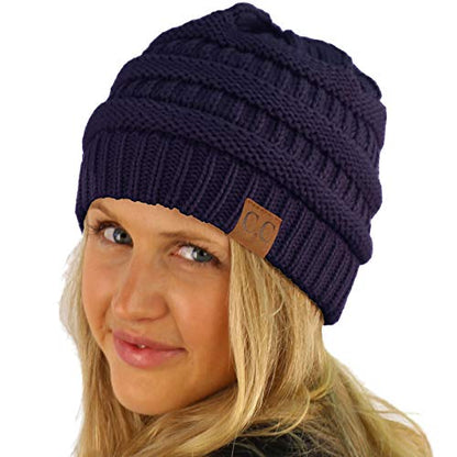 CC Classic Winter Fall Trendy Chunky Stretchy Cable Knit Beanie Hat - color: Solid Navy