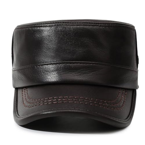 Leather Military Cap for Men Cadet Army Caps Style Flat Cap - color: Brown