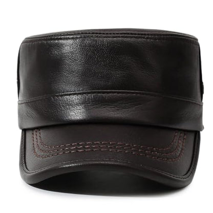 Leather Military Cap for Men Cadet Army Caps Style Flat Cap - color: Brown