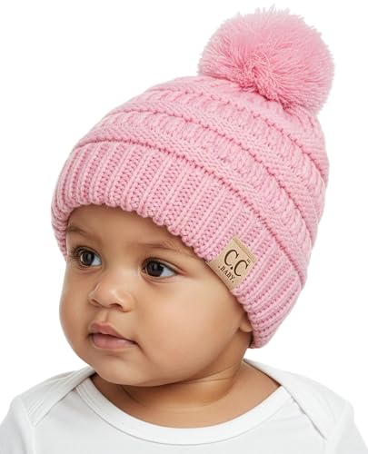Funky Junque Baby Pom Pom Beanie – Soft Knit Infant Winter Hat for Baby Girls & Boys, Cozy Warm Newborn Beanie 0–12 Months - color: Pale Pink