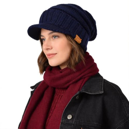 Ruphedy Mens Beanie with Brim Winter Hat Knitted Thick Fleece Visor Beanie - color: B320-navy