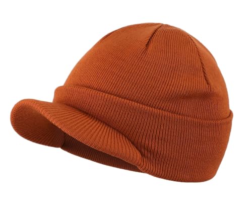 Home Prefer Men's Winter Beanie Hat with Brim Warm Double Knit Cuff Beanie Cap Watch Radar Hat - color: Pumpkin