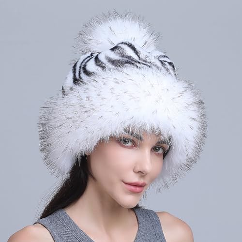 GREUS Winter Faux Fur Cossack Russian Style Hat for Women Fluffy Leopard Pompom Beanie Skull Cap Warm Ushanka Bucket Hat - color: Snow-white Tiger