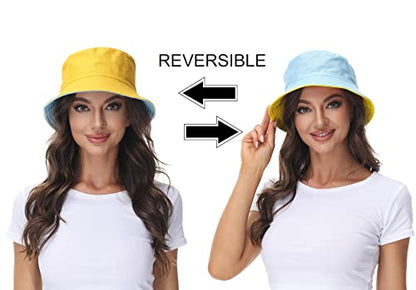 Women Reversible Bucket Hat, Summer Sun Hat for Women - color: Skyblue- Yellow