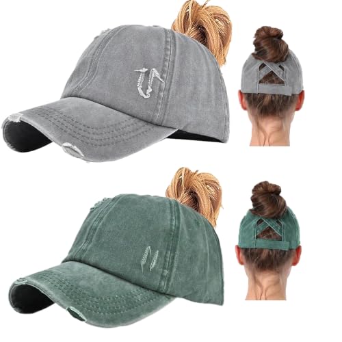 2 Packs Womens Criss‑Cross High Ponytail Trucker Hat, Cotton Vintage Washed Distressed Adjustable Baseball Cap - color: 2pcs 27