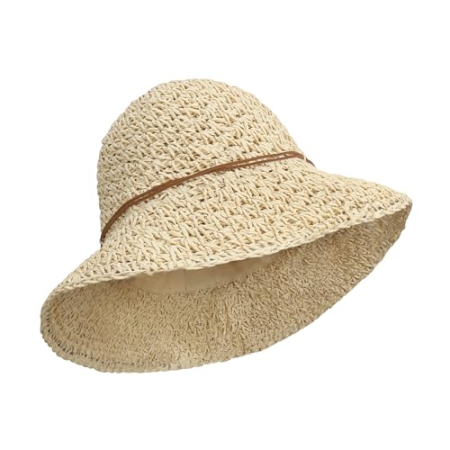 Women Wide Brim Sun Hat UPF50 Straw Summer Hat Floppy Beach Hat Roll-Up - color: Straw Hat Beige