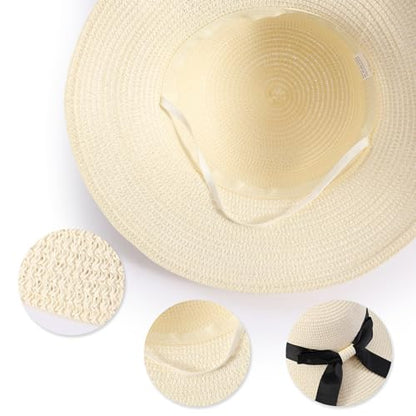 MILAKOO Straw Mesh Buckle Hat Ribbon Bow Cap Strap Foldable Roll Up Cap Sun Protection Hat for Travel - color: 01 Ivory