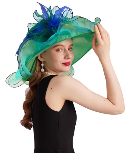 Women Derby Church Hat Organza Flower Wedding Tea Party Fascinator Wide Brim Sun Hat - color: 16-green Blue
