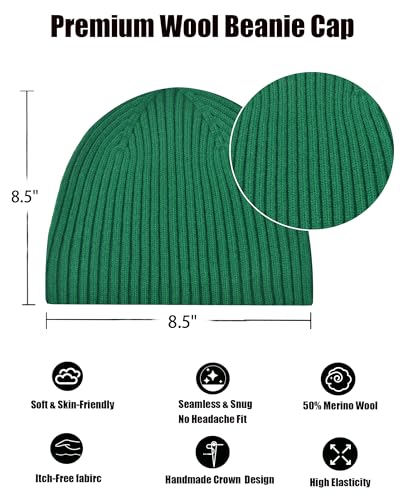 Wool Knit Beanie Hats for Men Women,Cuffless Winter Skull Caps - color: 1-kelly Green