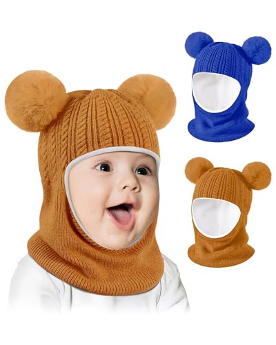 Baby Winter Hat Scarf Set 2 Pack, Toddler Beanie Hats Girl Boy with Neck Warmer, Beanie for Kids Knit Warm for Cold Weather - color: Royal Blue&brown, size: 6-36 Months