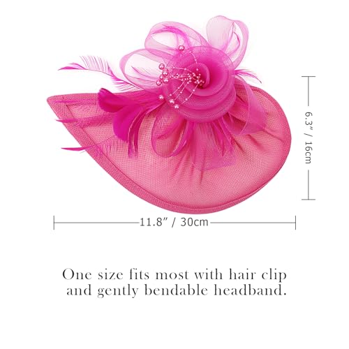 AQOKKA Women Fascinators Hats Flower Fascinators with Headband and Clip Tea Party Headwear for Women and Girls - color: Feather Flower: Fuschia