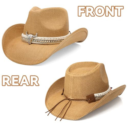 WQWOVRVO Cowboy Hat,Cowgirl Hat,Western Cowboy Hats for Women/Mens/Straw Wide with Shapeable Brim Cowboy Hat for Womens - color: Brown Color