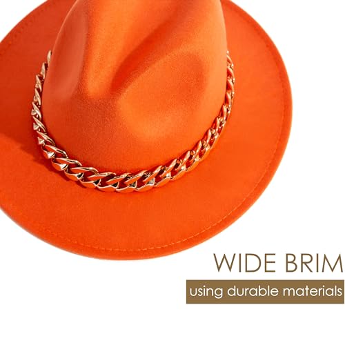 Men & Women Wide Brim Fedora Hat with Chain Buckle - color: Chain Belt-orange