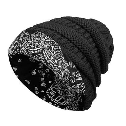 AIBFRID 2 Packs Winter Hats for Women Beanie Satin Lined Acrylic Cable Knit Chunky Warm Soft Slouchy Cuffed Cap - color: Black