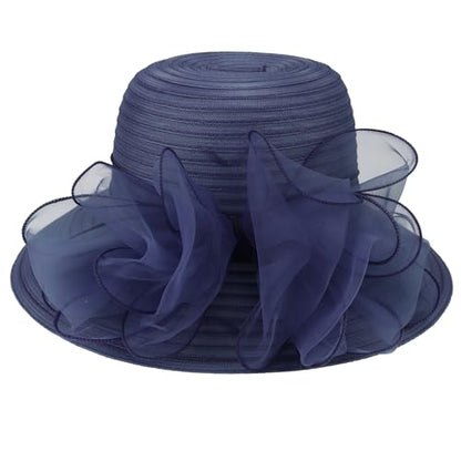 DRESHOW Lady Derby Dress Church Bowler Cloche Hat Bowknot Organza Bridal Cap for Wedding - color: 1 Pack: Navy