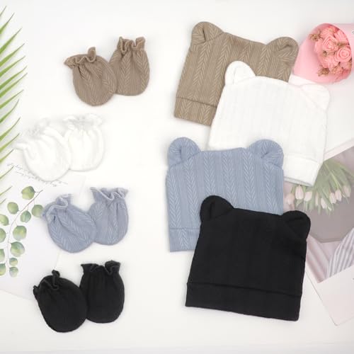 Newborn Baby Hat and Mittens Set Bear Ears Toddler Infant Beanie Caps Newborn Hospital Hat for Baby Boy Girl 0-3 Months - color: Wheat Patterned Bear Ear C