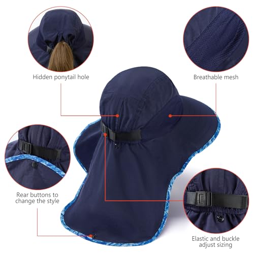 BASSDASH UPF 50+ Unisex Water Resistant Wide Brim Sun Hat with Large Neck Flap Ponytail Fishing Hat for Men Women - color: Navy Blue/Ripple