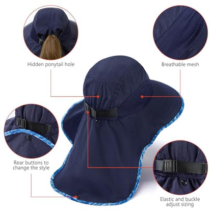 BASSDASH UPF 50+ Unisex Water Resistant Wide Brim Sun Hat with Large Neck Flap Ponytail Fishing Hat for Men Women - color: Navy Blue/Ripple
