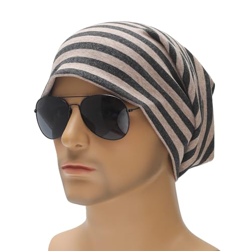 ZLYC Cotton Thin Slouchy Beanie Hat for Men Women Stretch Skull Cap - color: Striped Dark Gray Khaki, size: One Size