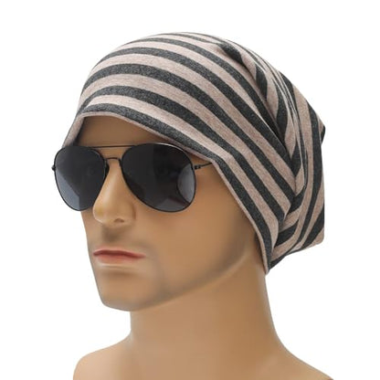 ZLYC Cotton Thin Slouchy Beanie Hat for Men Women Stretch Skull Cap - color: Striped Dark Gray Khaki, size: One Size