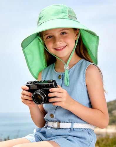 Rosoz Kids Sun Hat with Neck Flap UV Protection Summer Toddler Beach Hat Unisex Ponytail Hat Wide Brim Fishing Hat - color: 1pack-light Cyan Green
