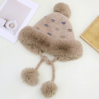 Women Winter Sherpa Beanie Hats Knit Ear Flap Hat Fleece Lined - color: Khaki With 3 Pompoms