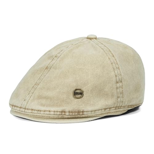 CLAPE Washed Denim Flat Cap for Men, Vintage Newsboy Scally Driver Hat, Adjustable Fit - color: Nb2610-washedkhaki