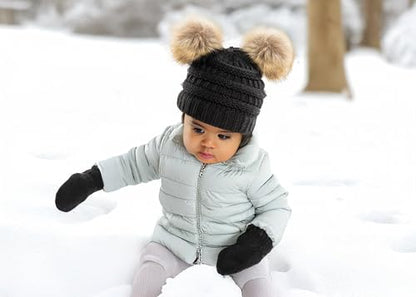 Funky Junque Baby Double Faux Fur Pom Pom Beanie & Mittens Set – Newborn Infant 0–9 Months Winter Hat with Soft Lined Mittens - color: Black (Faux Fur Pom) W/ Black Mittens (0-9 Months)