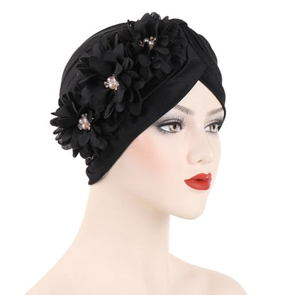 Flower Pre-Tied Turban Beanie, Soft Chemo Cap for Women Cancer Hair Loss - color: Black