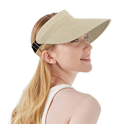Women Summer Sun Hat Lady's Portable Beach Visor Bowknot Straw Hat - color: Beige 6