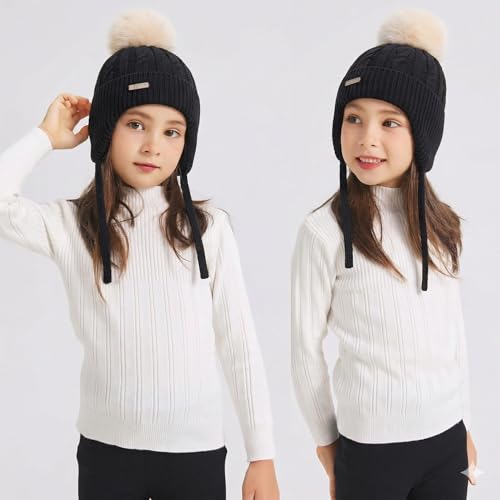 ZLYC Kids Girls Boy Winter Hat Cotton Lined Pom Pom Beanie Earflap Knit Cap - color: Solid Black