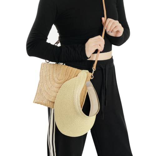 Straw Sun Visors Womens, Ponytail Beach Straw Visor, Packable Summer Sun Hats for Women Travel - color: Beige