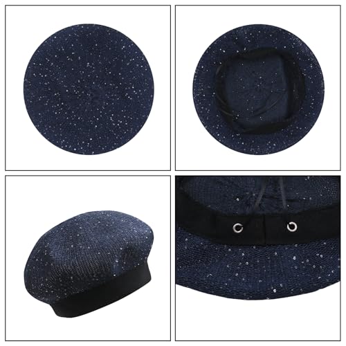 Women Lightweight Beret Floral Hollow Out Hat Breathable French Beret Beanie Hat Cap for Spring Summer - color: Dk.blue 6#