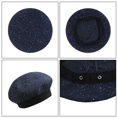 Women Lightweight Beret Floral Hollow Out Hat Breathable French Beret Beanie Hat Cap for Spring Summer - color: Dk.blue 6#