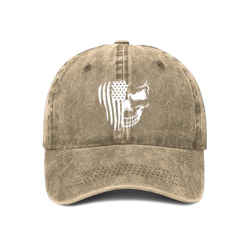 American Flag and Skull Baseball Cap Adjustable Vintage Washed Cotton Hats Gift for Men Women - color: Khaki