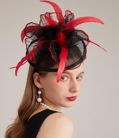 Women Derby Church Hat Organza Flower Wedding Tea Party Fascinator Wide Brim Sun Hat - color: 16-black Red