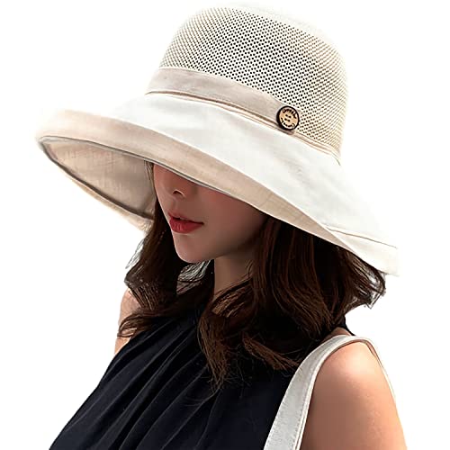 Women Wide Brim Sun Hats Metal Wired Edge Summer UV Protection Beach Fishing Hat for Hiking Garden Travel Chin Strap - color: B1-fyu001-beige, size: One Size