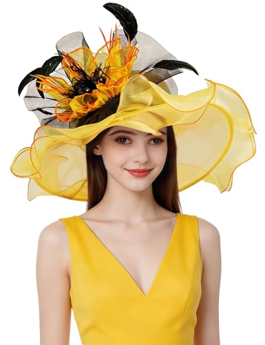 Organza Church Derby Hats for Women Wedding Tea Party Fascinator Floral Wide Brim Sun Hat - color: Style02 Yellow Black