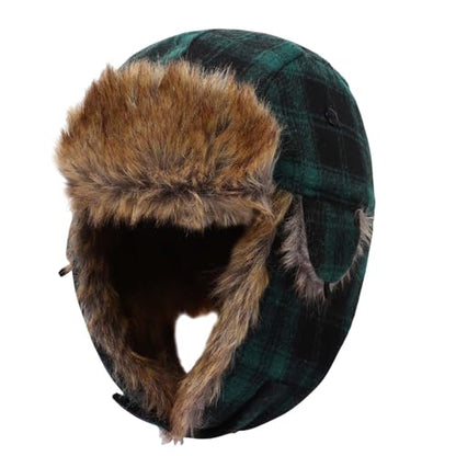 Baby Toddler Winter Trapper Hat Warm Faux Fur Aviator Hat Russian Ushanka Trooper Hunting Ski Hat with Ear Flaps Age 1-8T - color: Green Lattice, size: 5-8 Years