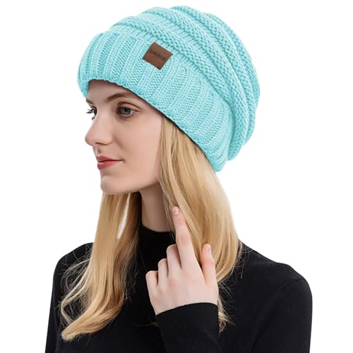 ZOORON Womens Winter Hat Slouchy Beanies for Women Cable Knit Beanie Hats - color: 1pack- Lake Blue
