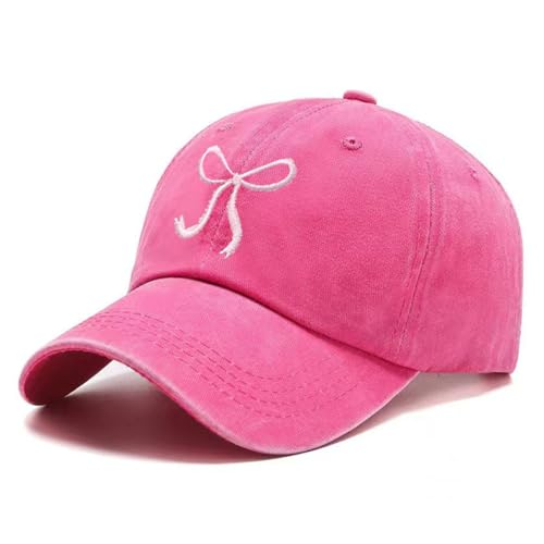 Bow-Tie Baseball Cap for Women Vintage Washed Cotton Adjustable Distressed Embroidered Dad Hat - color: Rose Red