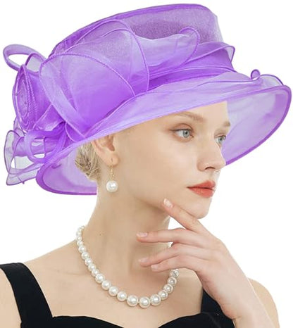 Women's Kentucky Derby Church Dress Hat Wide Brim Leaf Flower Bridal Shower Hat - color: F4 Purple