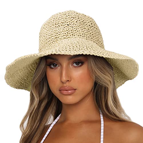 Womens Sun Hats Wide Brim Summer Beach Hat for Women Foldable Travel Straw Hat UPF50+ - color: A-beige