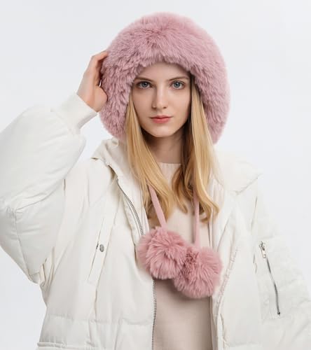 HUAMULAN Women Winter Sherpa Knit Beanie Hats Fleece Lined Ear Flaps - color: Pink Solid