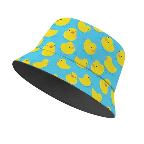Amasnay Neon Bucket Hat Cotton Double-Side-Wear Reversible Sun Hat for Women Men, Summer Vacation Travel Beach Fisherman Hat - color: Blue Yellow Duck
