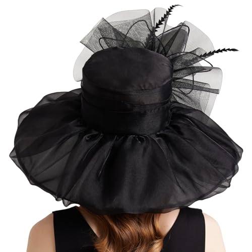 Women Organza Church Derby Hat Wide Brim Sun Caps for Wedding Tea Party Hat with Detachable hat Flower as Headgear - color: 10-black