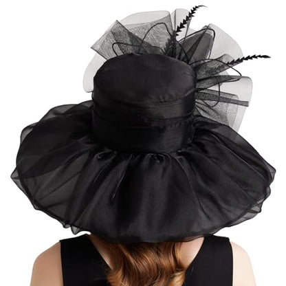 Women Organza Church Derby Hat Wide Brim Sun Caps for Wedding Tea Party Hat with Detachable hat Flower as Headgear - color: 10-black