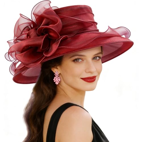 AQOKKA Women Organza Church Fascinators Kentucky Derby Hats for Women and Girls Wedding Flower Tea Party Hat with Wide Brim - color: Organza Big Bow : Burgundy