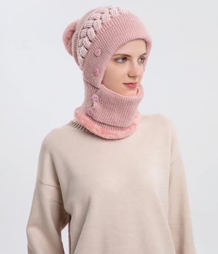HUAMULAN Women Winter Knit Balaclava Fleece Lined Hooded Beanie Hats - color: Pink, size: One Size